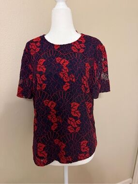 Ted Baker Red Lace Floral Overlay Short Sleeve Top